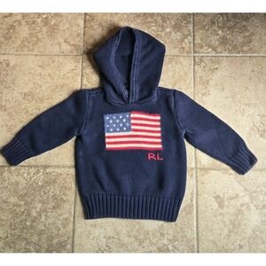 SOLD Ralph Lauren Toddler 2T American Flag Knit Hoodie Sweater Navy Heavy Cotton